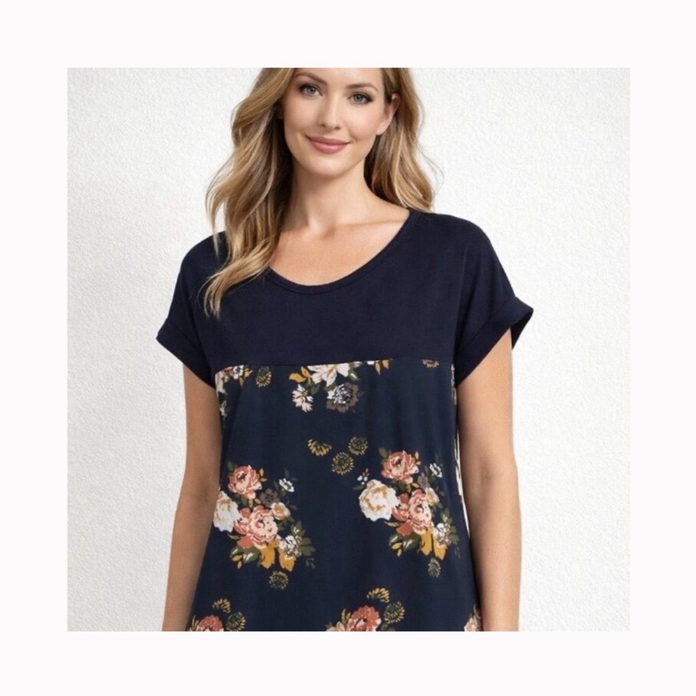 Elegant Floral Print Navy Blouse